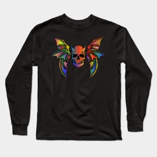 Colorful Horned Bat Skull with Wings Design Long Sleeve T-Shirt